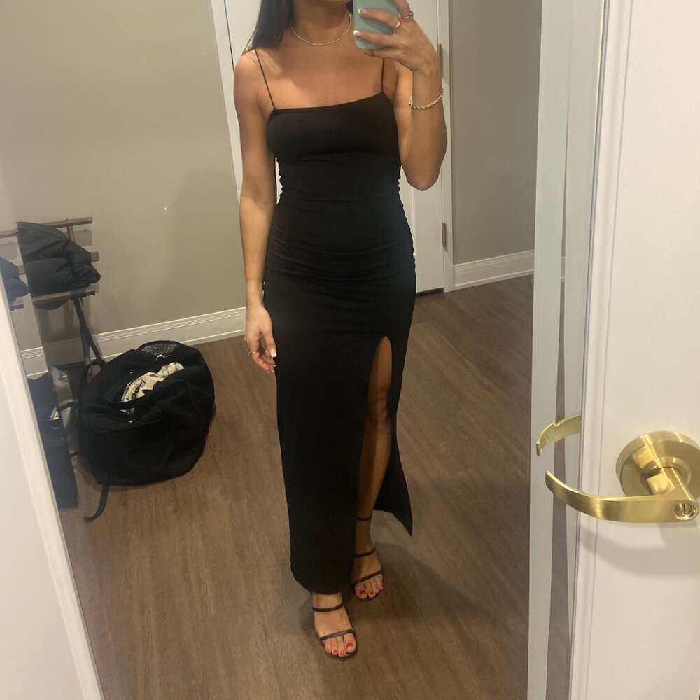 Black cotton spaghetti strap maxi dress with slit - Picture 2 of 7